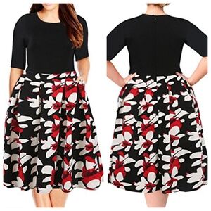 Nemidor Women's Black Red White Floral Fit Flare Dress Short Sleeve Size 22 US.
